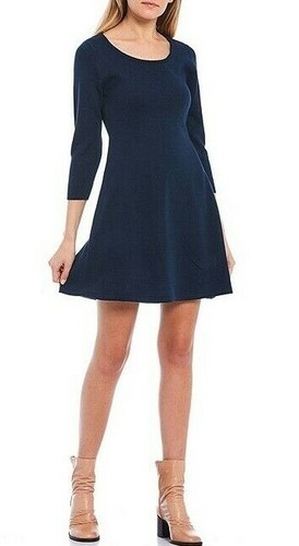 NWT Midnight Doll NAVY 3/4 Sleeve Tie-Dye Scarf Sweater A-Line Dress SMALL S - Picture 3 of 3