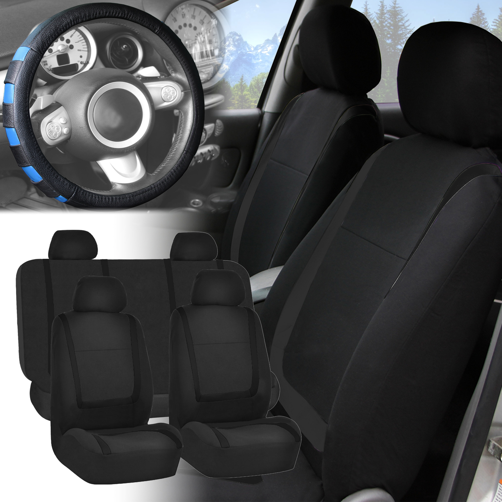 FH Group Universal Fit Cloth Car Seat Covers for SUV w/ Steering Wheel Cover