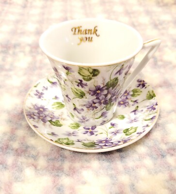 Easter Demitasse Cup & Saucer w THANK YOU VIOLETS Floral Victorian Cottage Kitch