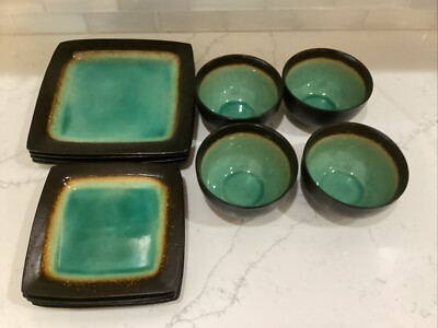 Set Of 12 Gibson Elite Ocean Paradise Jade Green Glazed Dinnerware Bowls  Plates