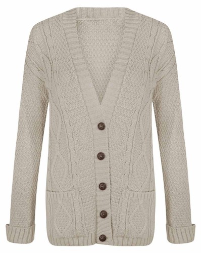 Women Girls Long Sleeve Button Chunky Cable Knit Top Grandad Cardigan UK 8-26 - Picture 9 of 22
