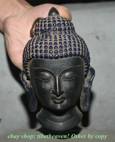 14CM Old Tibet Painting Bronze Temple Shakyamuni Buddha Head Bust Statue Hang