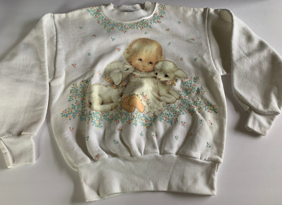 GIRLS HANDPAINTED W DECAL WHITE SWEAT TOP SIZE SMALL 6/8 BABY GIRL/LAMBS