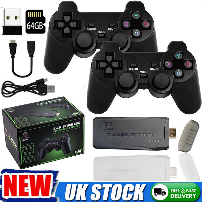 Wireless HDMI 4K TV Game Stick Console Built-in 64GB 20000 Retro Games 2 Gamepad