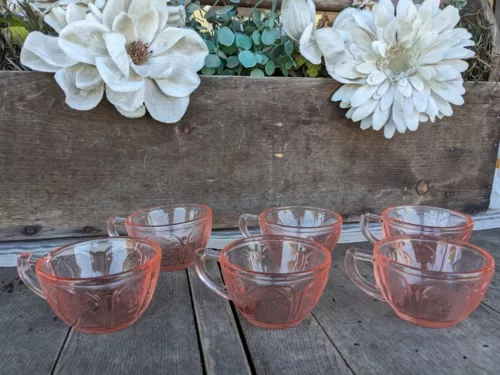 Vintage Cherry Blossom Pink Depression Glass 4oz Tea Cups (6)