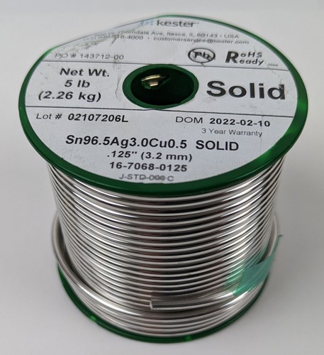 5lb Kester Solder .125" 3.2mm SAC305 96.5%Sn 3%Ag .5%Cu Solid 16-7068 ...