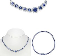 LARGE 28.68CT DIAMOND & AAA SAPPHIRE 18KT WHITE GOLD ROUND HALO TENNIS NECKLACE