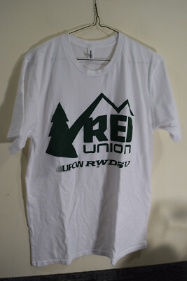 REI Co-op Union Logo White Screenprint Spell Out T-Shirt USA Made MENS M