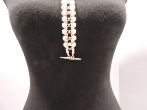 Silver Tone Double Row Faux Pearl Bracelet 7.5" Toggle Clasp - Picture 5 of 6