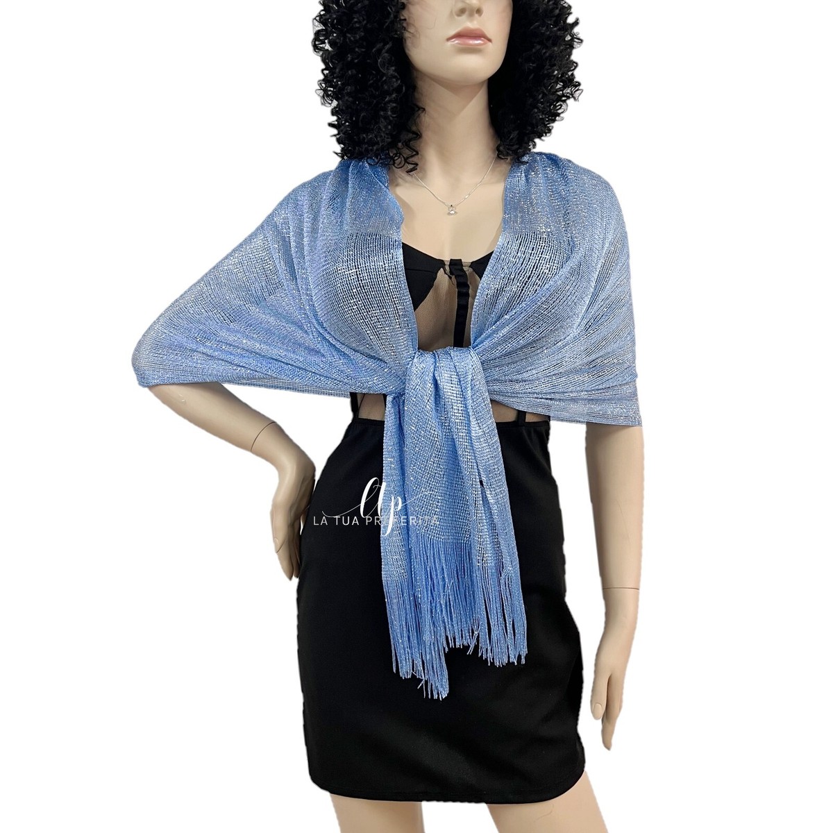 Blu Jeans Elegante Stola Scialle Frange Filo Argento Brillante