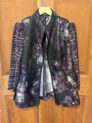 MING WANG Abstract Floral Knit Zip Sleeve Jacket Cardigan Womens Size Small S