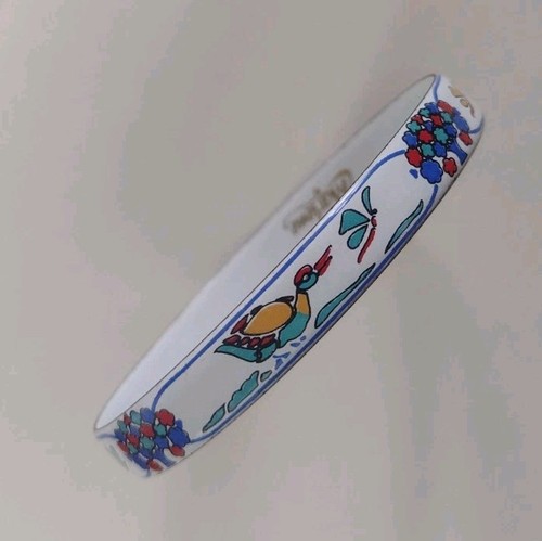 Signed Marlene Bracelet Enameled Art Bangle Ducks Trees White & Multicolor - Picture 15 of 21
