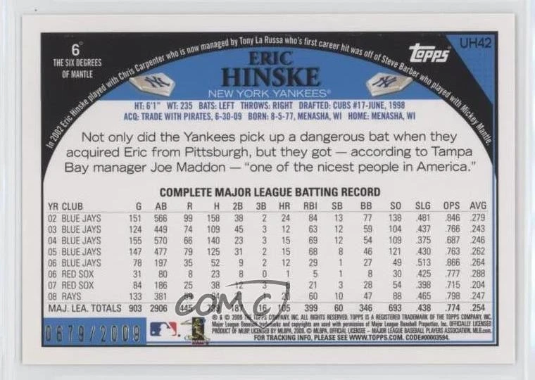 2009 Topps Update Gold /2009 Eric Hinske #UH42 - Image 2 of 2
