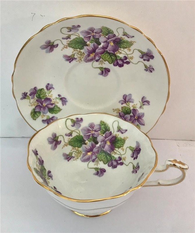 1960s Paragon English Bone China Valentine Violets Cup & Saucer W/ Gold Trim