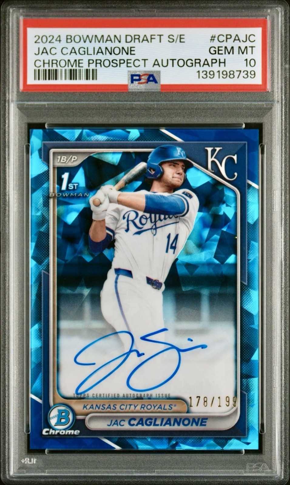 2024 Bowman Chrome Sapphire 1st Autograph Jac Caglianone /199 Gem Mint PSA 10