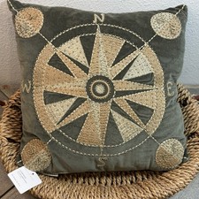 POTTERY BARN COMPASS HAND EMBROIDERED FILLED PILLOW, 16" SQ ~ GREEN / GOLD