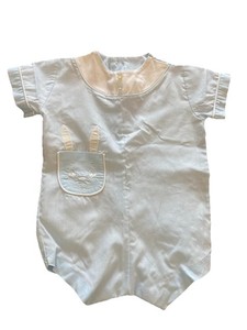 Vintage Easter Baby Boys Romper Baby Blue Bunny Pocket 6-12 Months