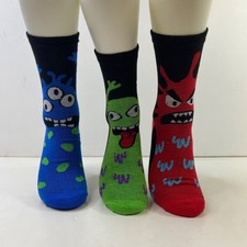Monster-Themed Crew Socks 3-Pack Black With Blue Green Red Cartoon Designs Soft