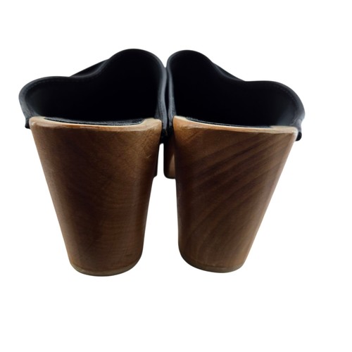 Maguba Swedish Wood Clogs Womens 9 39 High Heel Black Leather Slip On Mules - Picture 7 of 12