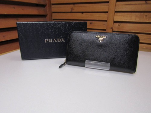 M3 009 PRADA Round Zipper Saffiano Leather Long Wallet Black Gold 1ML506 QWA F00