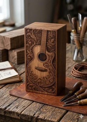 Engraved Wooden Guitar Cremation Urn Box, Musician Memorial Tribute