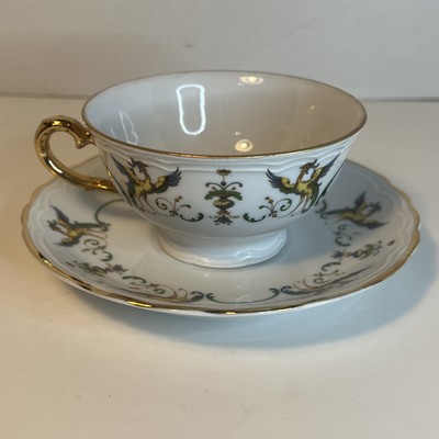 Richard Ginori Maiolica Birds of Paradise Tea Cup Saucer Italy Gold Trim MG15