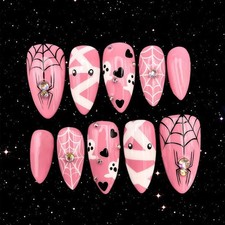 24PCS Halloween Press On Nails Long Almond Fake Nails with Ghost Black Design