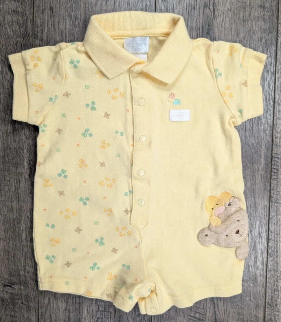 Baby Boy Clothes, Vintage Carter's 0-3 Month Yellow Bear & Duck Romper Outfit