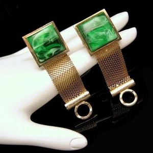 DANTE-Vintage-Mens-Goldtone-Mesh-Wrap-Around-Cuff-Links-Green-Swirl-Stones