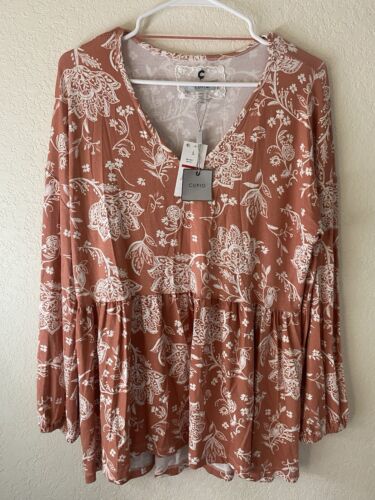 NWT Cupio Womens Top Large Peach Pullover Long Sleeves Flowy Casual Shirt Beachy