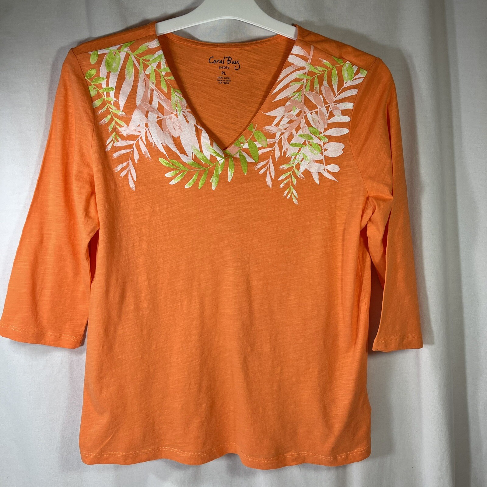 Coral Bay TShirt Petite Large Orange 3/4 Sleeve Leaf Pattern Green