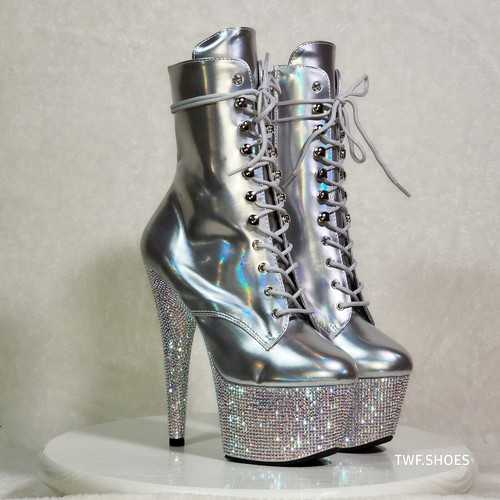 Bejeweled Silber Strass Plateau Schnürstiefeletten 7" High Heels  - Bild 11 von 11