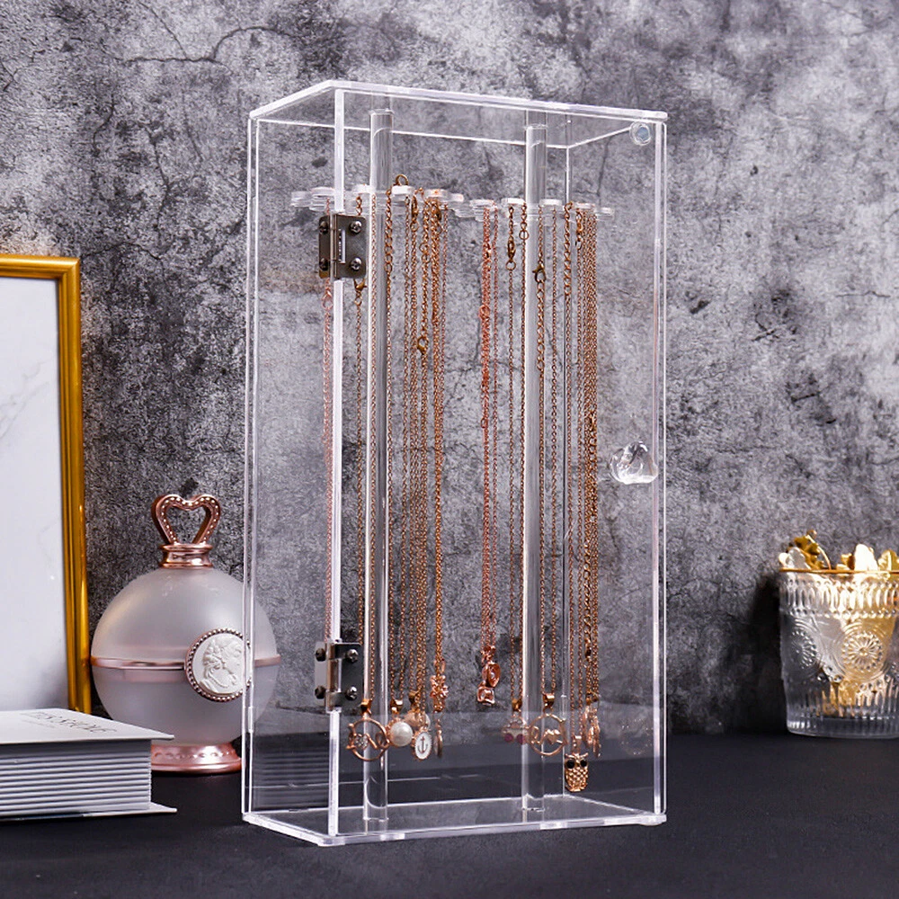Acrylic 24 Hook Rotation Necklace Display Dust Proof Jewelry Box Holder Rack USA