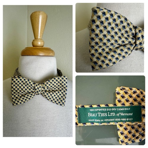 Beau Ties Ltd of Vermont Yellow & Blue Print Silk Adjustable Pre-tied Bow Tie