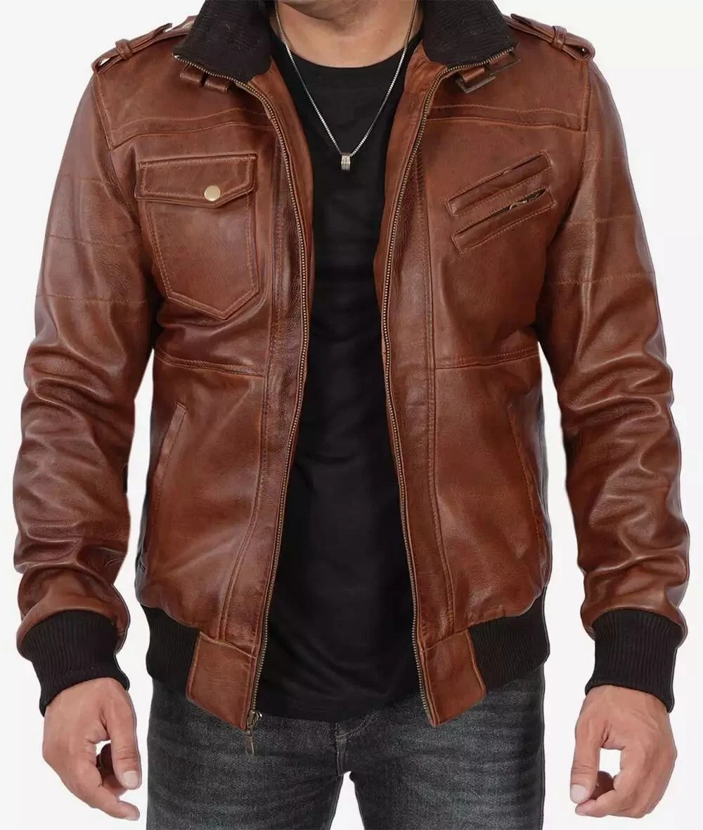 Men's Stylish Removable Hooded Bomber Biker Real Sheepskin Brown Leather Jacket