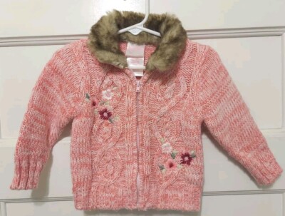 Nannette Baby Sz 18 Mth Pink Faux Fur Embroidery Flowers Cable Cardigan Sweater