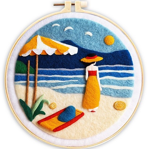 Beach Ocean DIY Wool Needle Felted, Landscape Painting With Frame For Beginners - Picture 3 of 16