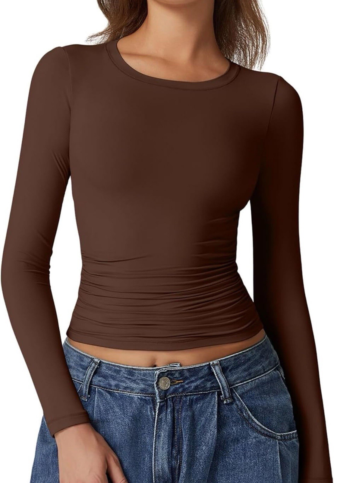 QINSEN Womens Crewneck Long Sleeve Shirt Double Lined Basic Tees Casual Sz S