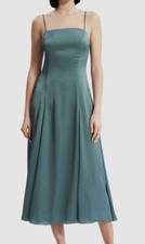 496 Theory Women's Green Crushed Satin Circle Skirt Midi Dress Size 8