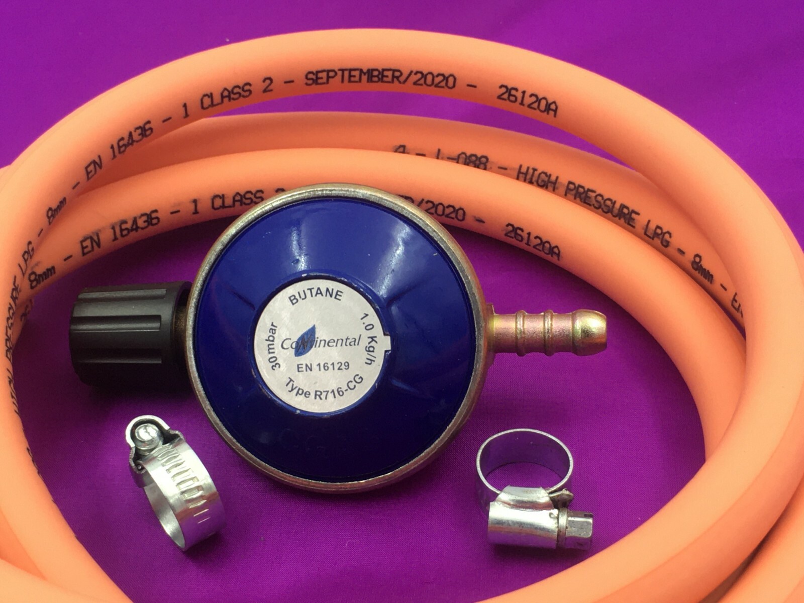 LPG BUTANE Regulator & 1 Metre Hose & 2 Clips Camping Gaz Style Inlet
