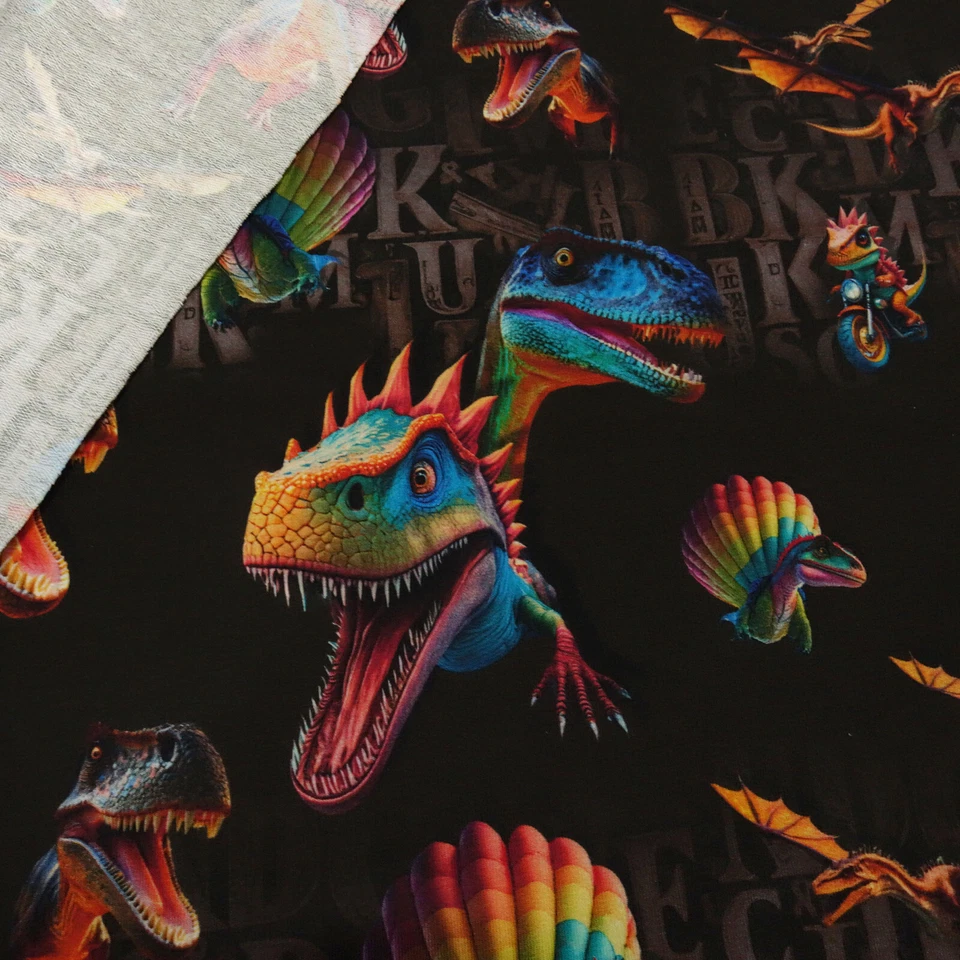 Stoff Baumwolle French Terry Dinos Dinosaurier T-Rex braun multicolor bunt - Bild 4 von 4