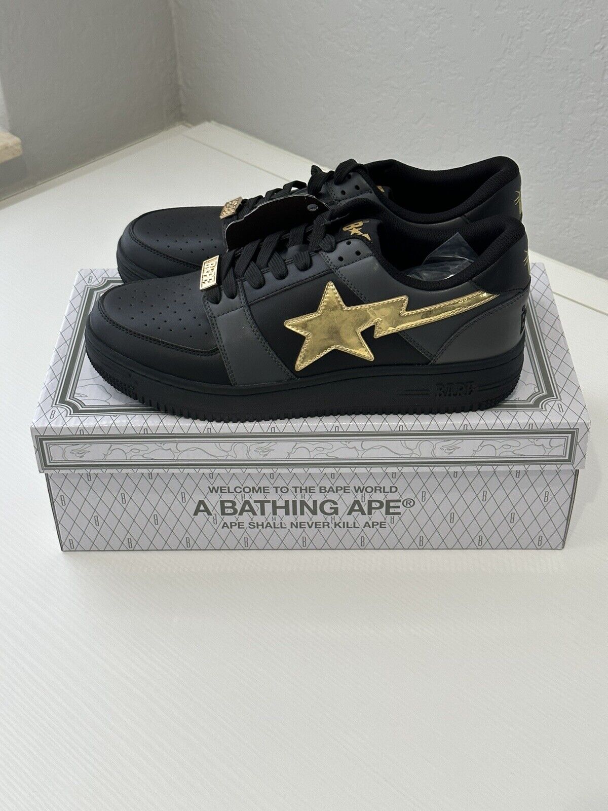 Size 10.5 - A bathing ape Bapesta Black Gold for sale online | eBay