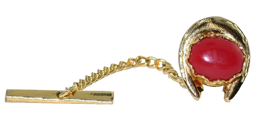 RESINATED RED CORAL 10x8 1/2 x 1/5 INCH OVAL CAB HORSESHOE GOLD COLOR TIE TACK - Image 2 of 2