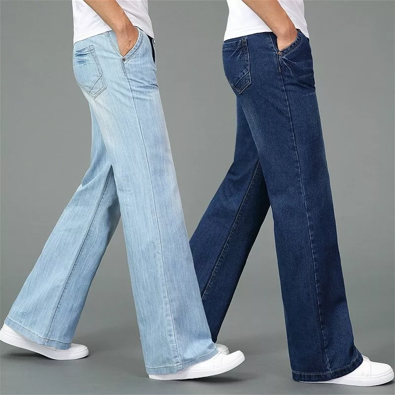 Men Wide Leg Denim Pants Loose Straight Fit Jeans Vintage Flared Trousers