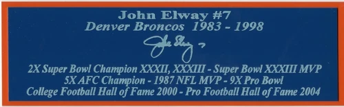 John Elway Autograph Nameplate Denver Broncos Football Jersey Helmet Photo