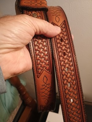 Silver Creek Tooled Leather Belt 38 Southwest Style Silver W/Gold Trim Buckle