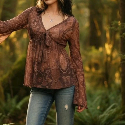 Y2K Babydoll Malha Transparente Top de Fada Marrom Paisley Mangas de Sino Whimsigoth GG - Imagem 2 de 4