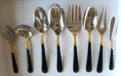 8 PCs Of Yamazaki Patrick LINDI BLACK/Gold Stainless Steel Flatware Serving Set