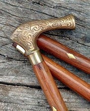 Victorian Derby Walking Stick Antique Brass Handle 3-Section Wooden Cane Vintage