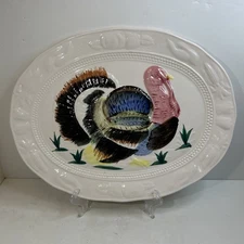 VTG Hand Painted Thanksgiving Fall Turkey Platter Serving Tom Japan 18”x 14” MCM